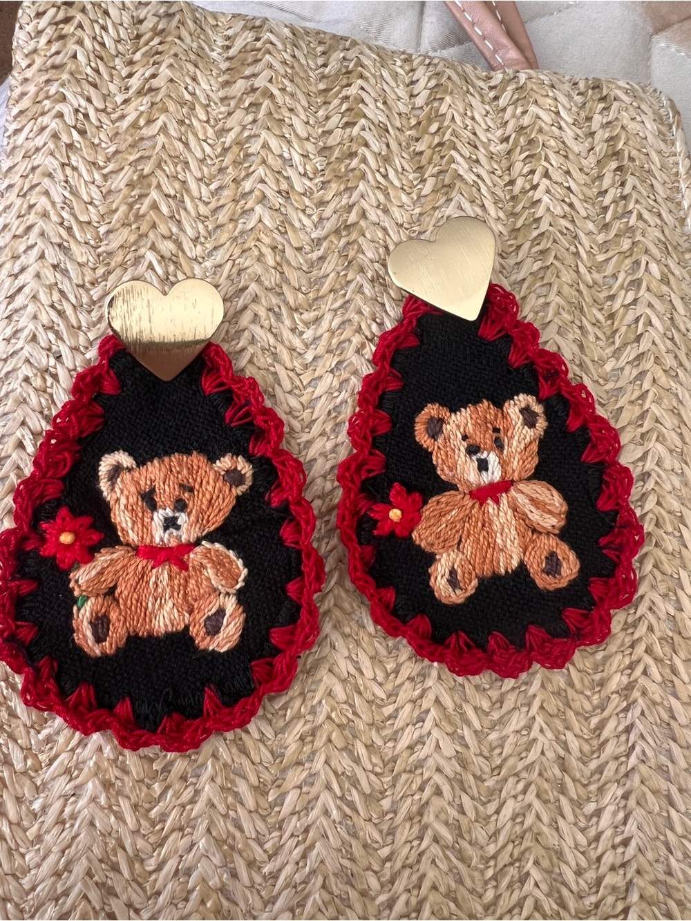 Teddy Bear Embroidered Drop Earrings - Black & Red made in Mexico!